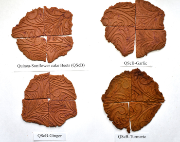 The proximate composition and physical analysis of gluten-free snacks prepared from quinoa, sunflower cake, and beets with added fresh garlic, ginger, and turmeric and their potential health and nutrition and benefits